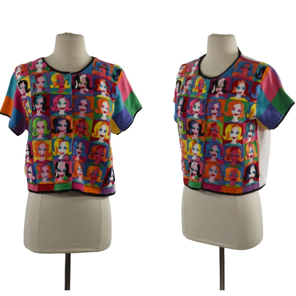 Michael Simon Colorful Felt Faces Cardigan Sweater